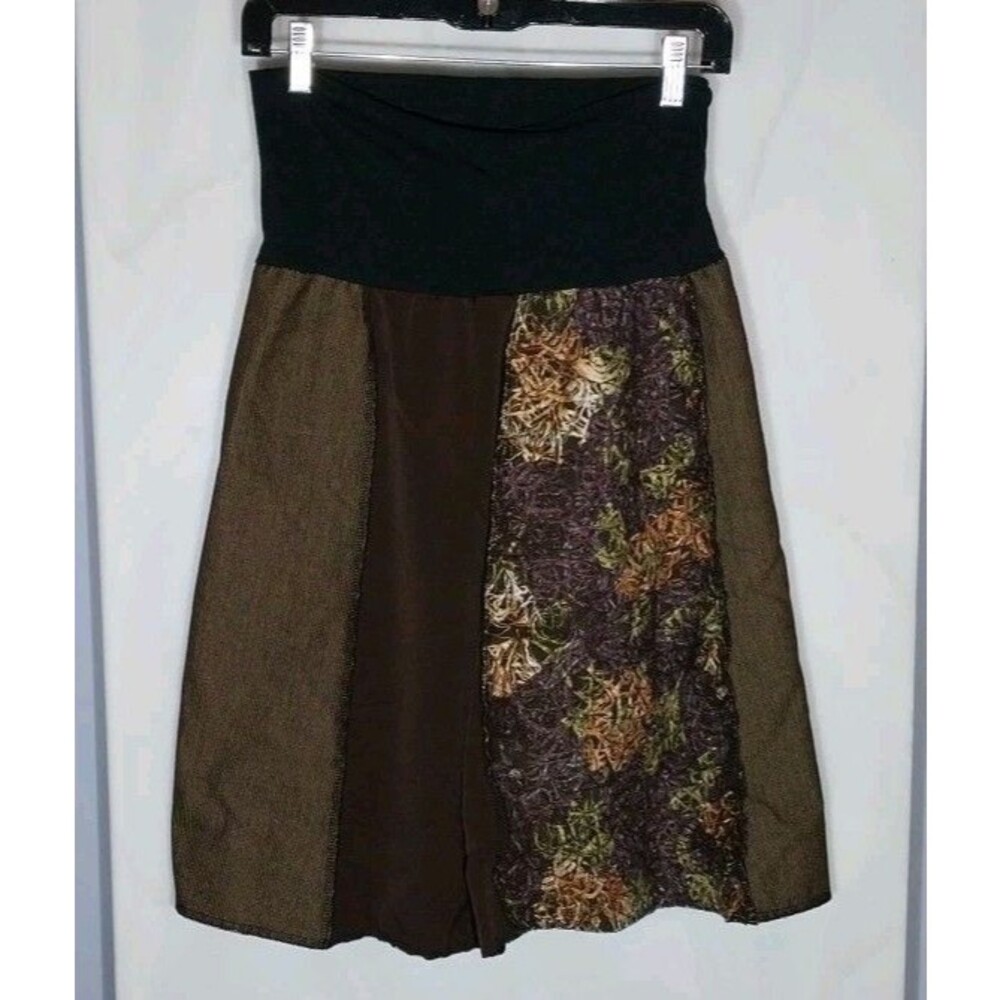 Green 3 Upcycled Patchwork Skirt M Boho A-Line Mixed Media USA